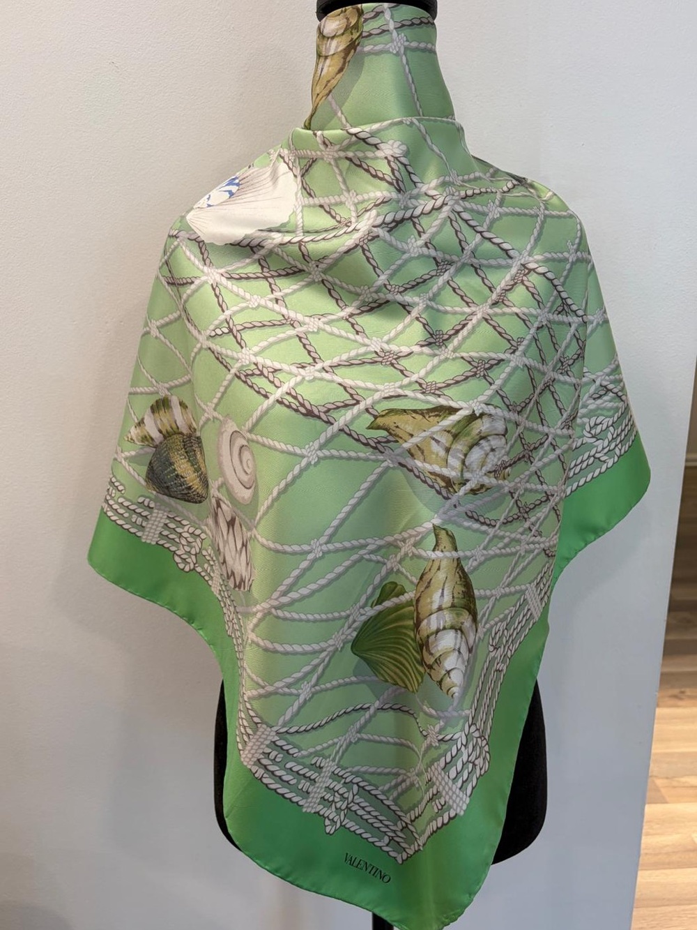 Valentino Silk Scarf Green Shell Rope Hand Rolled Made in Italy
